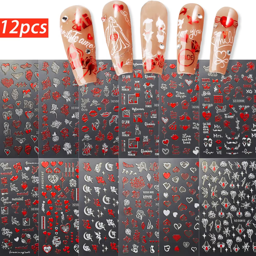 8Pc 3D Mixed Color Heart Nail Stickers Valentines’ Day Sweet Red Pink Love Selfa