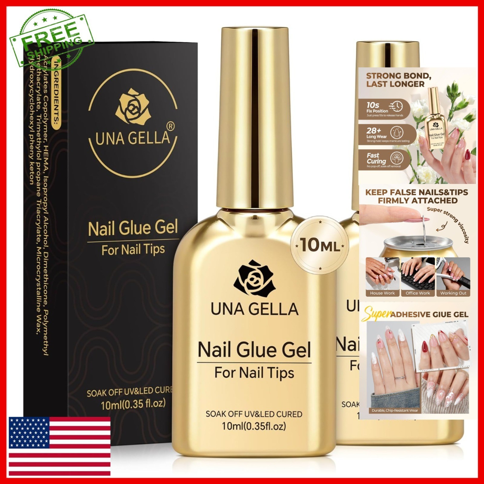 UNA GELLA 9 in 1 Gel Nail Glue for Acrylic Nails – 2Pcs 10ml
