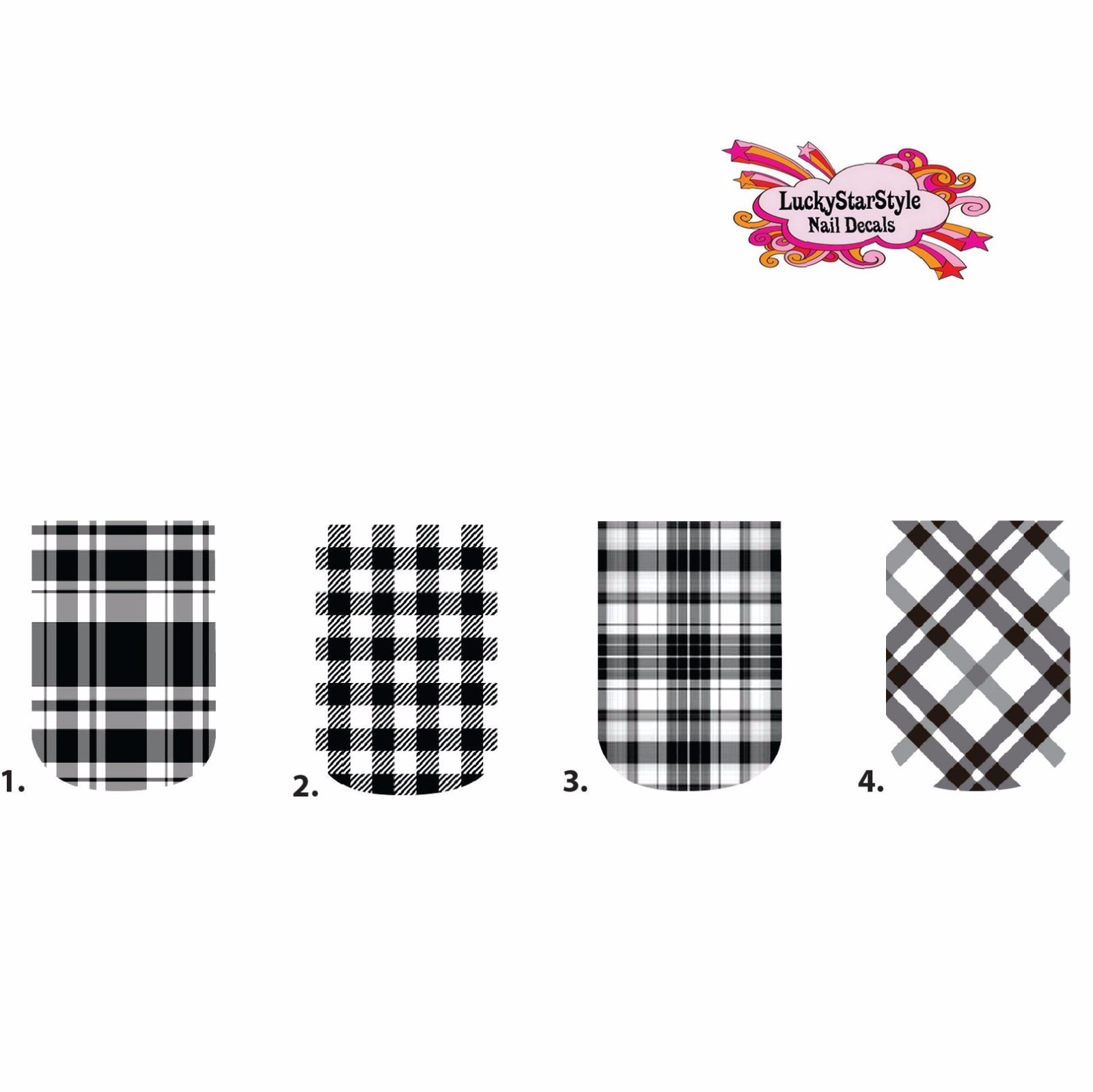 Waterslide Full Nail Decals Set of 10 – Black Plaid Full Nail – you choose