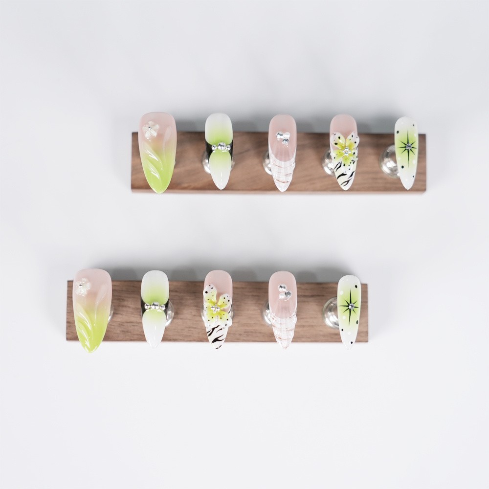 10p-Press on Nails 3D Flower Ombre Sparkle Stiletto Nail Set Reusable Handmade