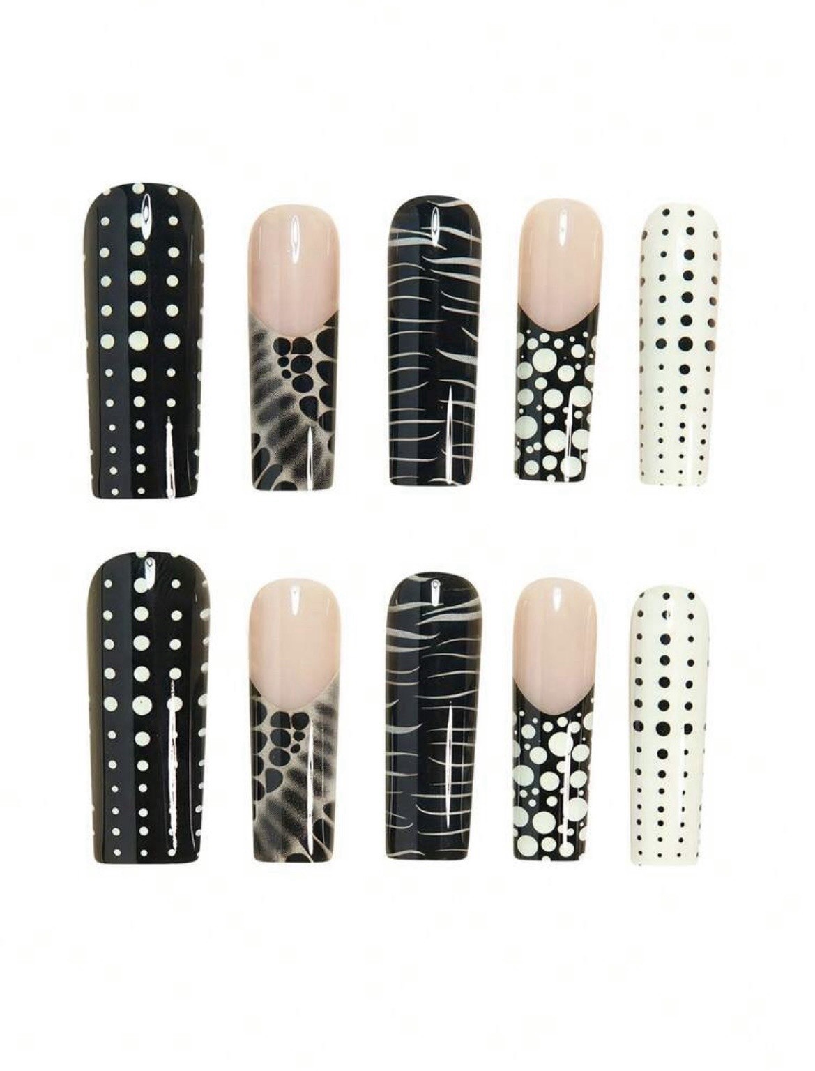 24pcs Punk Rock Transparent Marble Crocodile Print White Polka Dot Press-On Nail