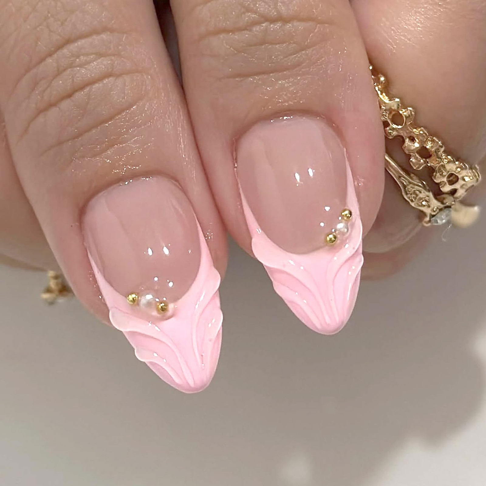 French Tip Press On Nails 24 Pcs Medium Almond Fake Nails 3D Flower Gold Bead