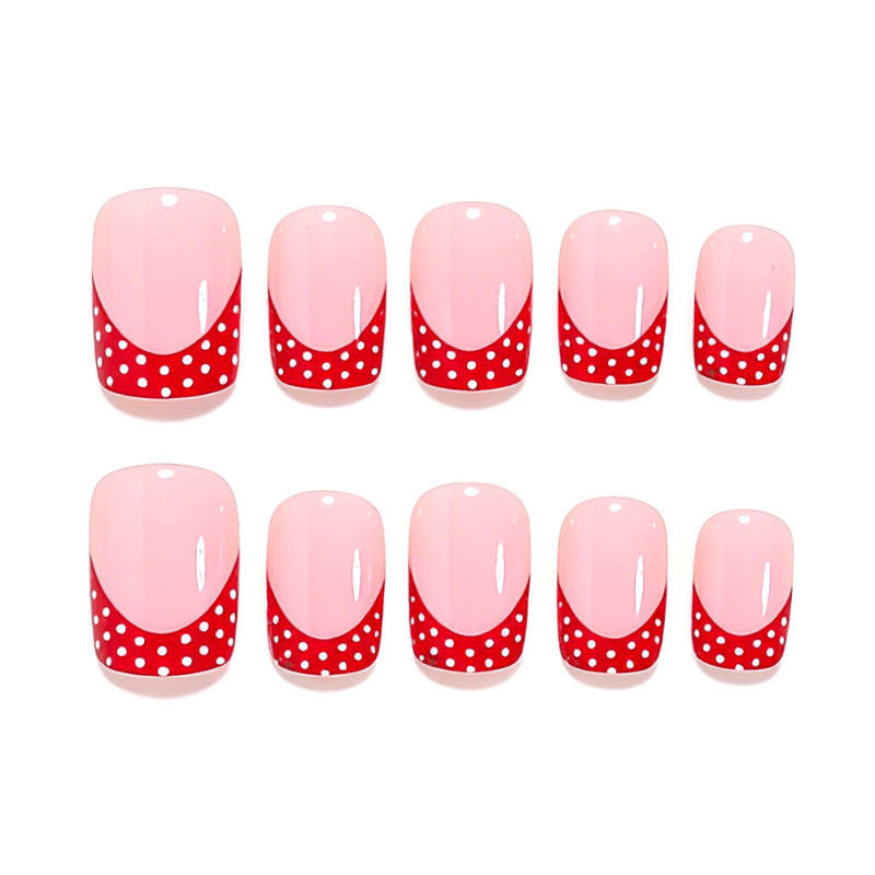 48pcs Short Square Press On Nails,Nude Base with Red French Tip & White Polka