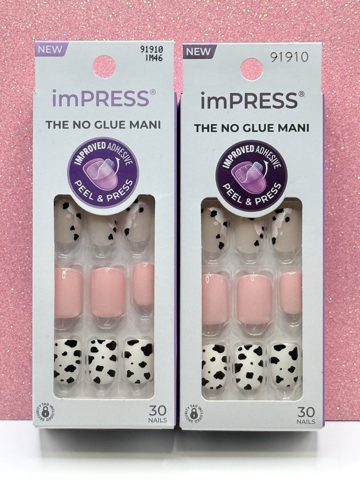 Kiss imPRESS No Glue Press-On Nails Manicure Short Pink Cow Print 91910 Lot Of2