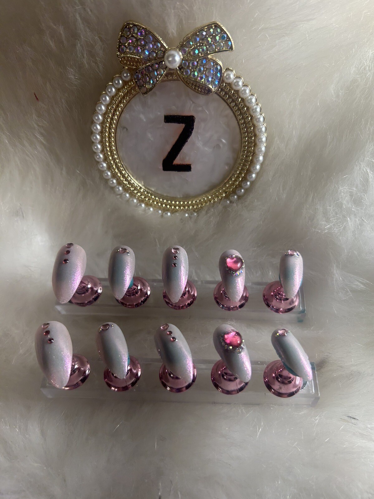 Z NAILZ! Handmade M Oval Pink Iridescent Press On Nails With Pink Stones