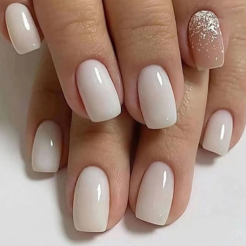 48Pcs White Silver Glitter Gradient Short Square Press on Nails, Nude Fake Nails