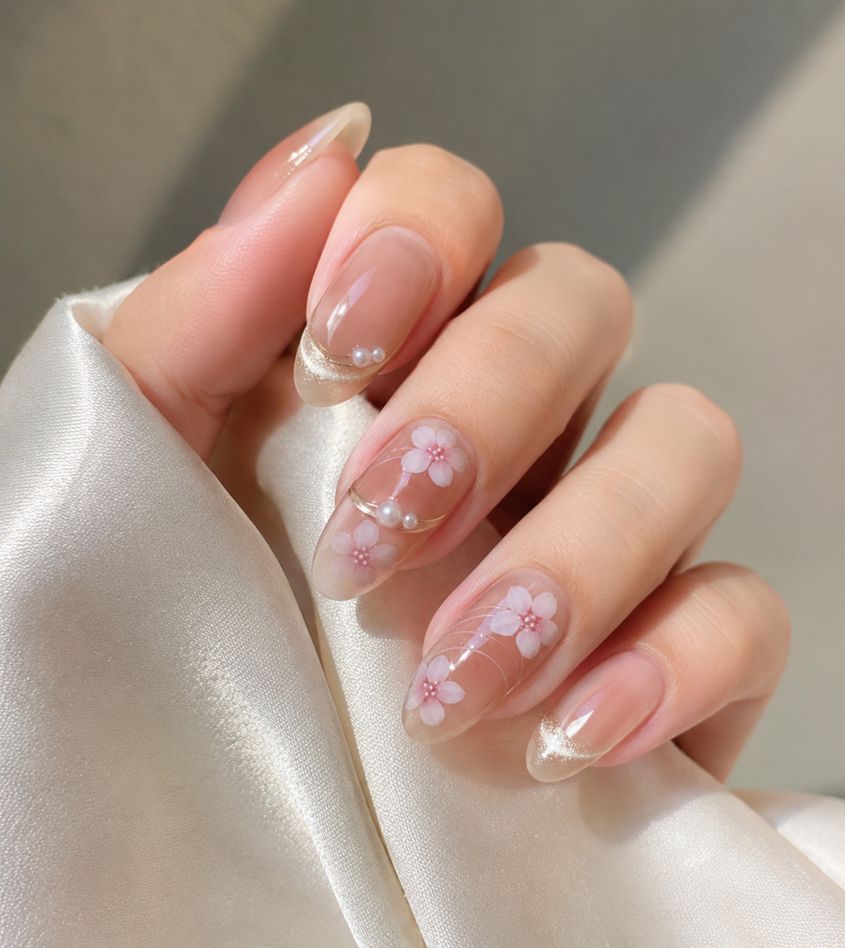 10PCS Sakura Cat Eye Floral Press On Nails Medium Long Oval Handmade Reusable