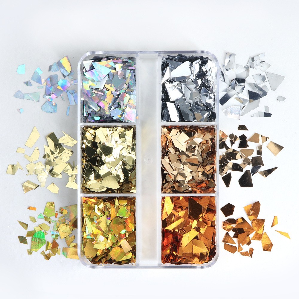 6 Grids Irregular Fragments Nail Glitter Sequins Mixed Colors Flakes Nails Decor