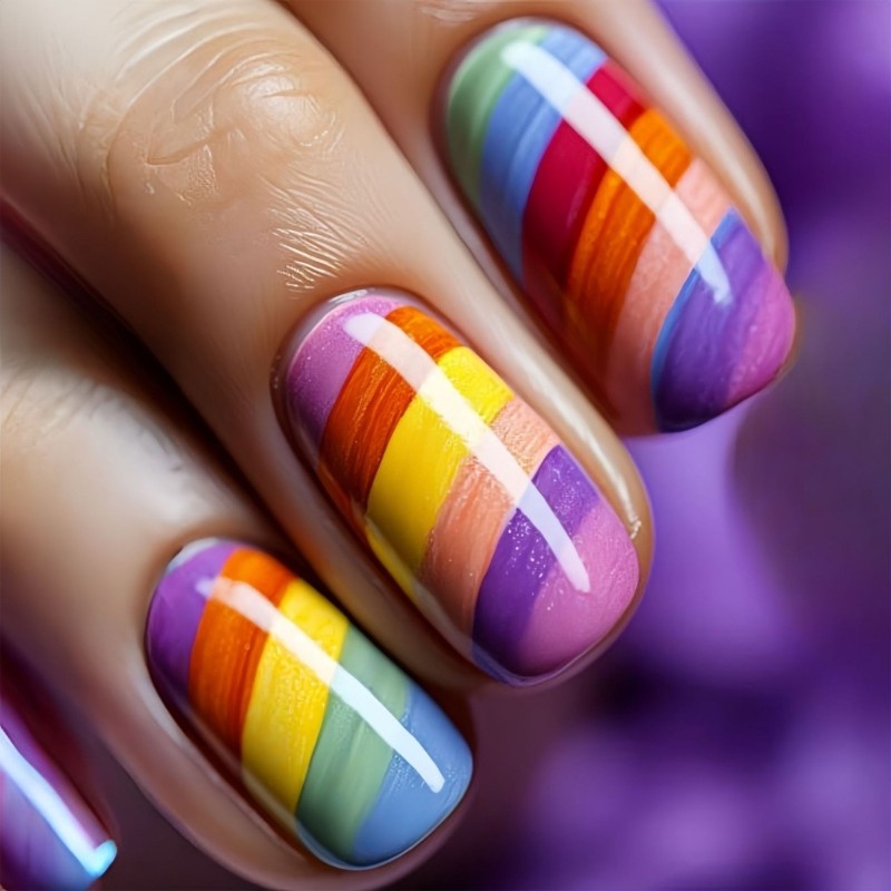 24 Pcs Rainbow Press On Nail Stripes False Nail Medium Square Acrylic Nail