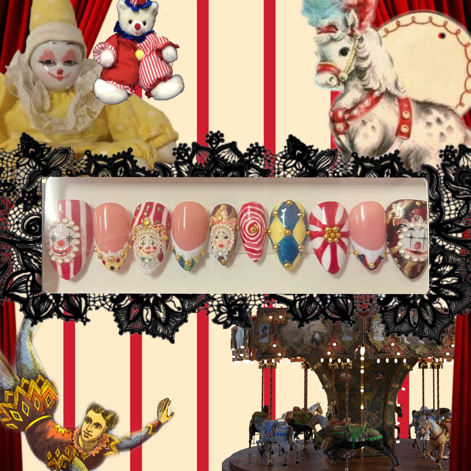 Hand painted Circus carnival clown nails medium almond (glue not included)