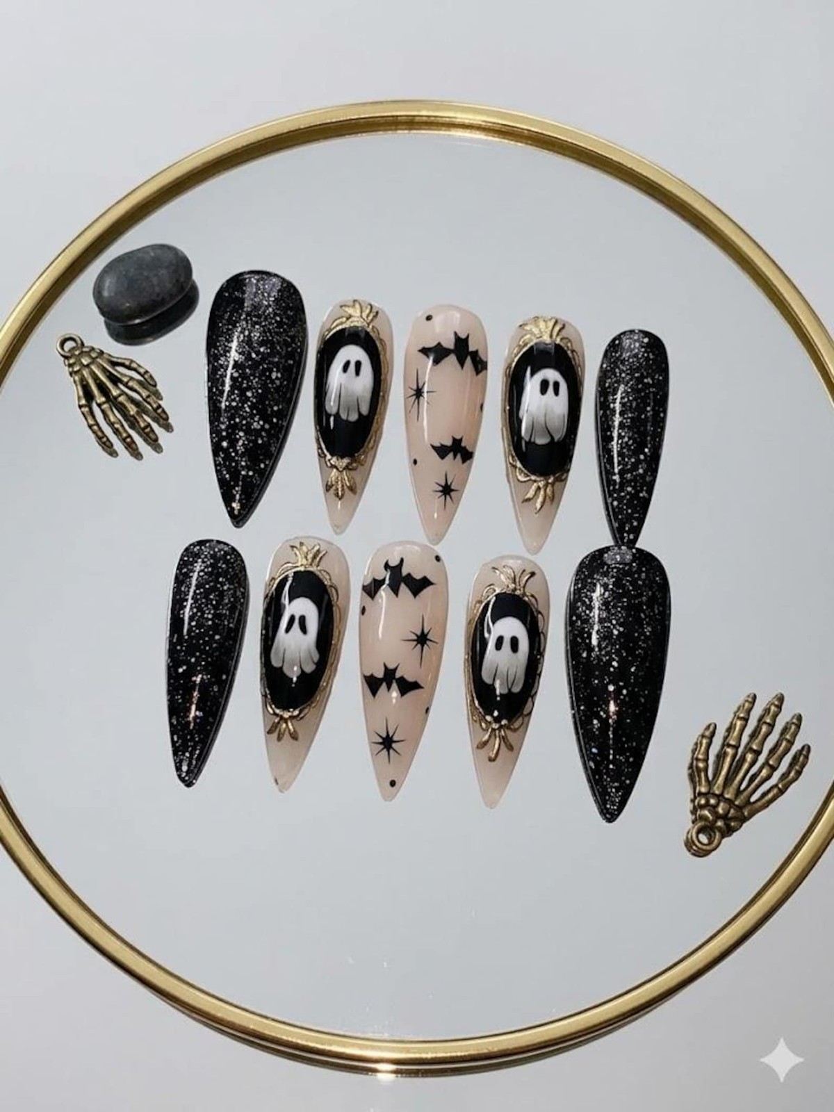 Custom Handmade Halloween Ghost Bat Gold Frame Glitter Stiletto Press on Nail