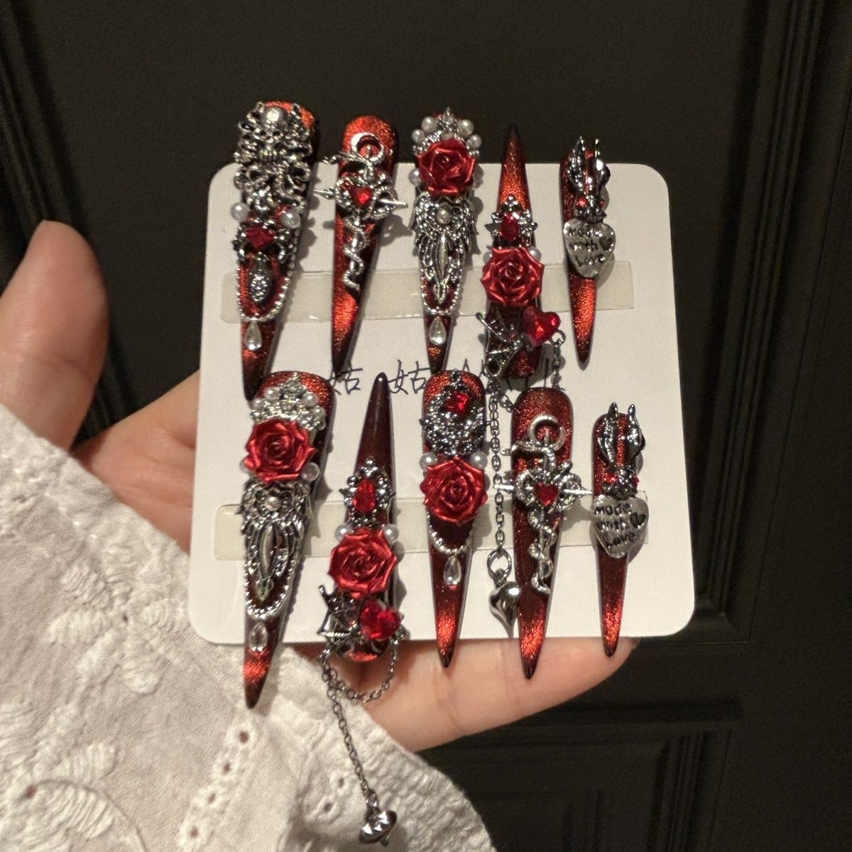 Handmade Gothic Rose Dark Nails Removable Press On Nails