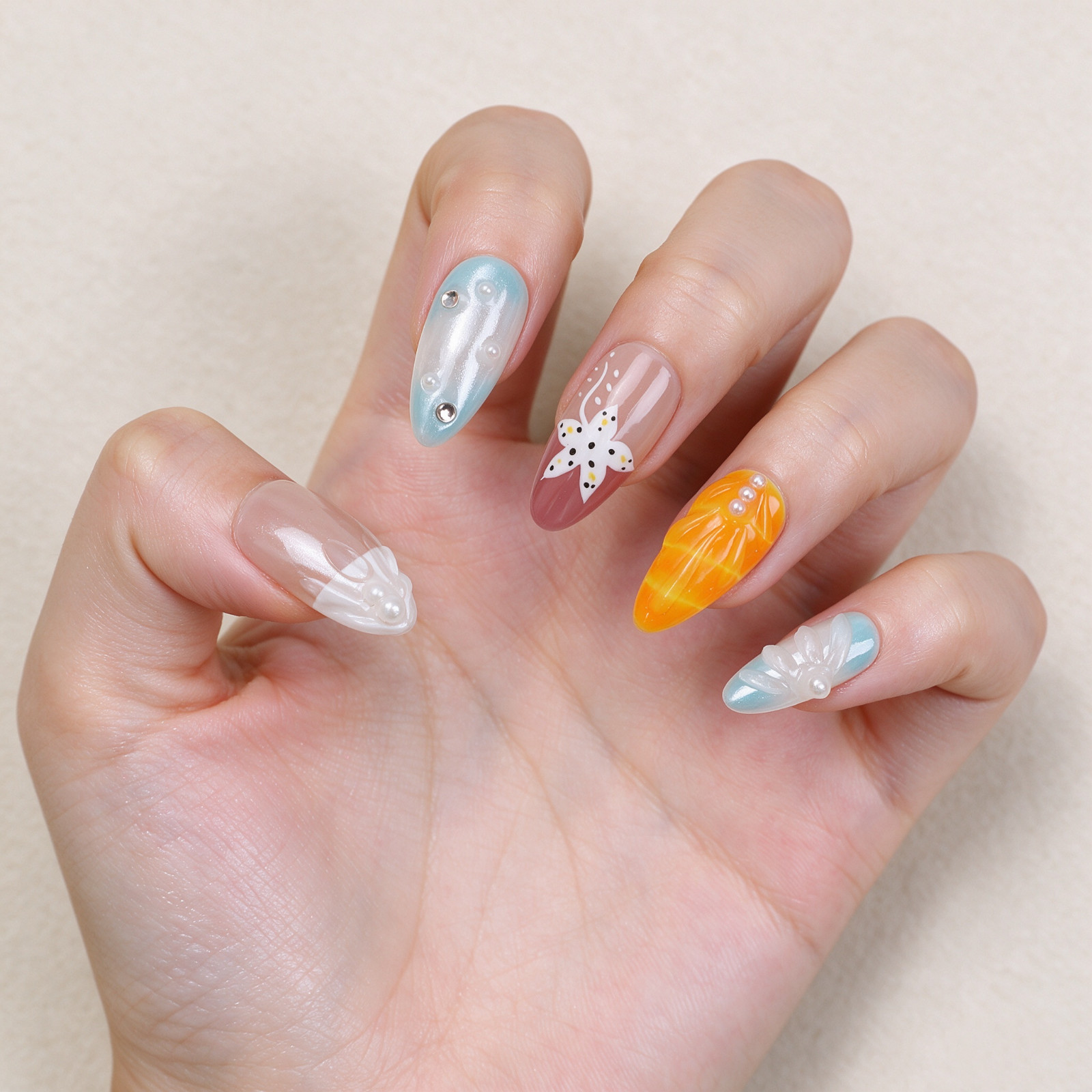 Press On Nails Medium Almond Blue Orange 3D Floral Pearl Summer Beach Nail Set