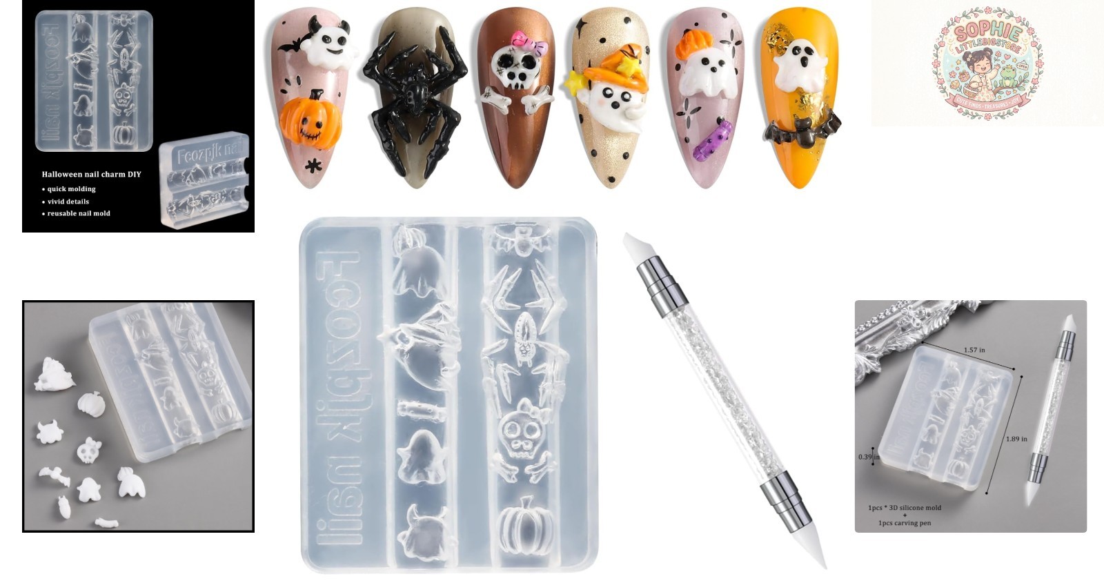 Professional Halloween Nail Art Kit – 3D Silicone Molds & Carving Pen Included