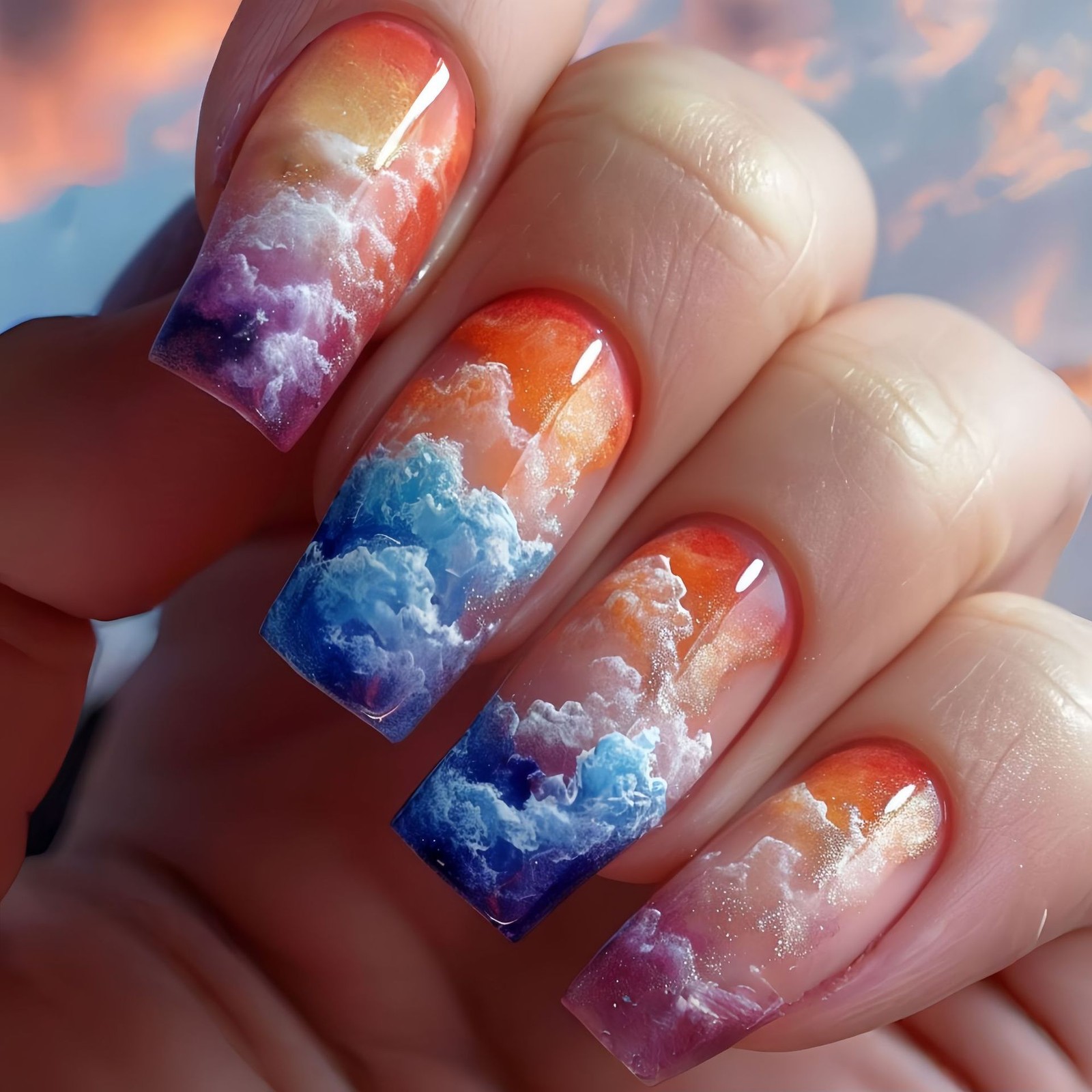 48Pcs Sunset Cloud Press on Nails Gradient Glitter Glossy Trendy Fake Nails