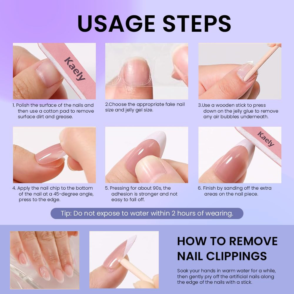 French Tip Press on Nails Short Almond No Glue, Nude Gold Line & Pearl White Tip
