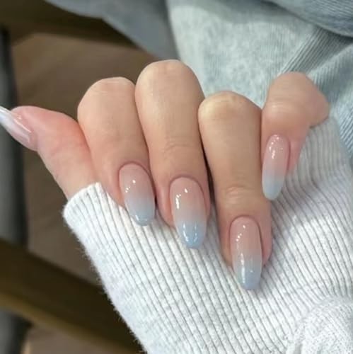 Almond Press on Nails Medium Fake Nails Ombre Blue French Tip 7024 Blue