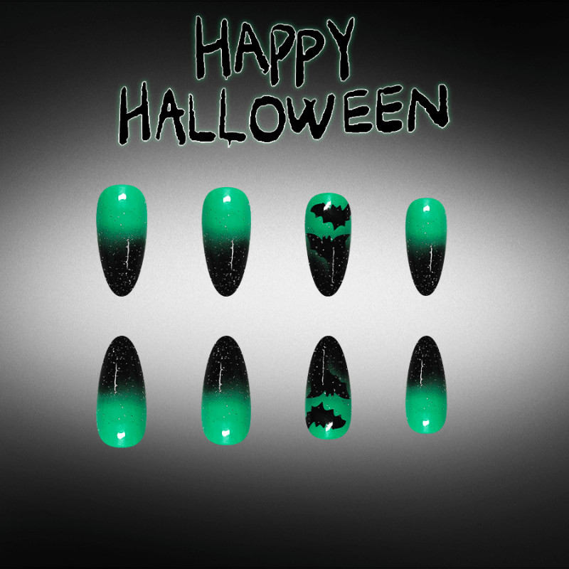 48Pcs-Long Almond Green Black Gradient Bat Glitter Press on Nails Set