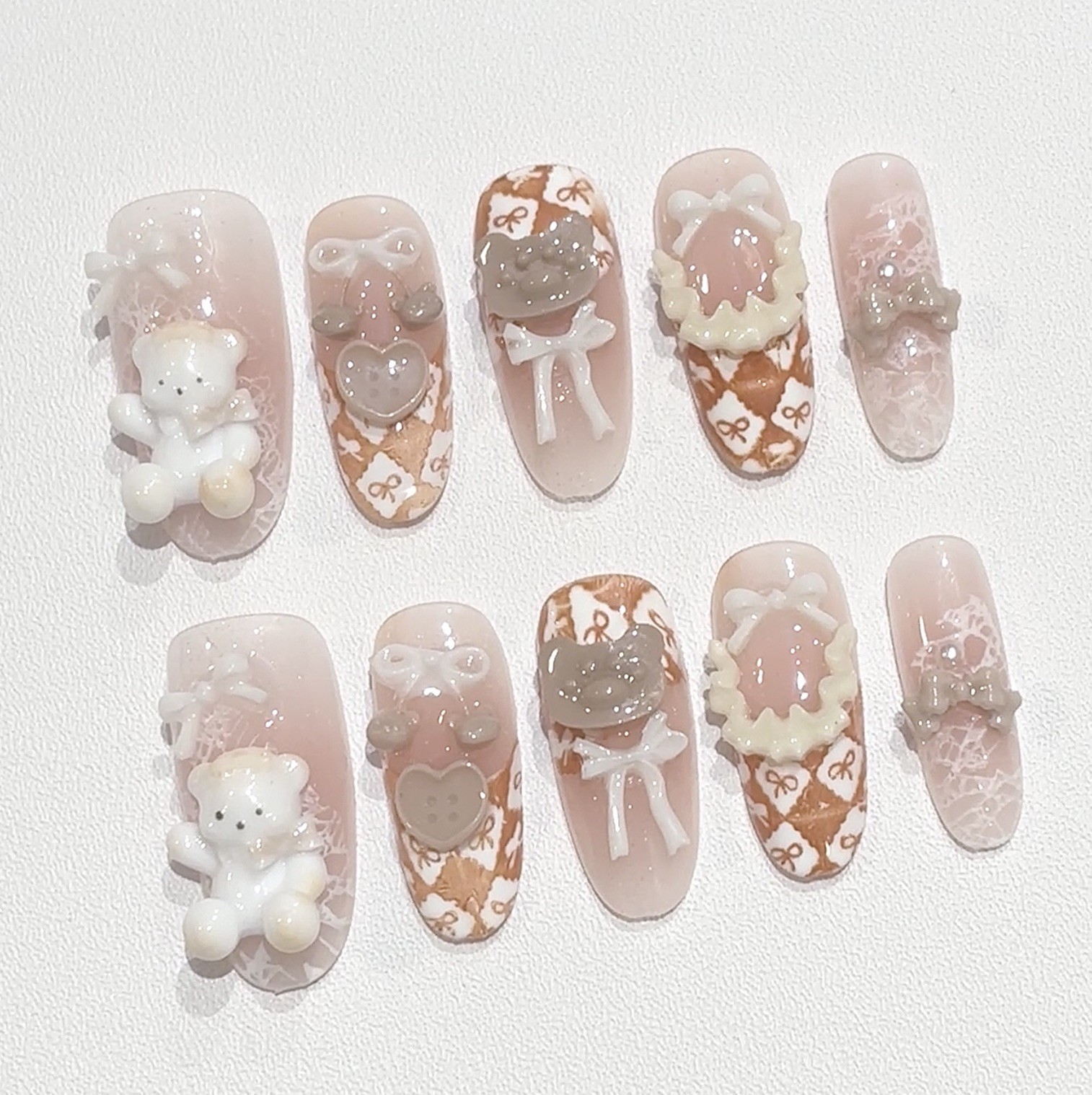 Cute Press On Nails Handmade 3D Teddy Bear Brown Checkered 10pcs Fake Nails Set
