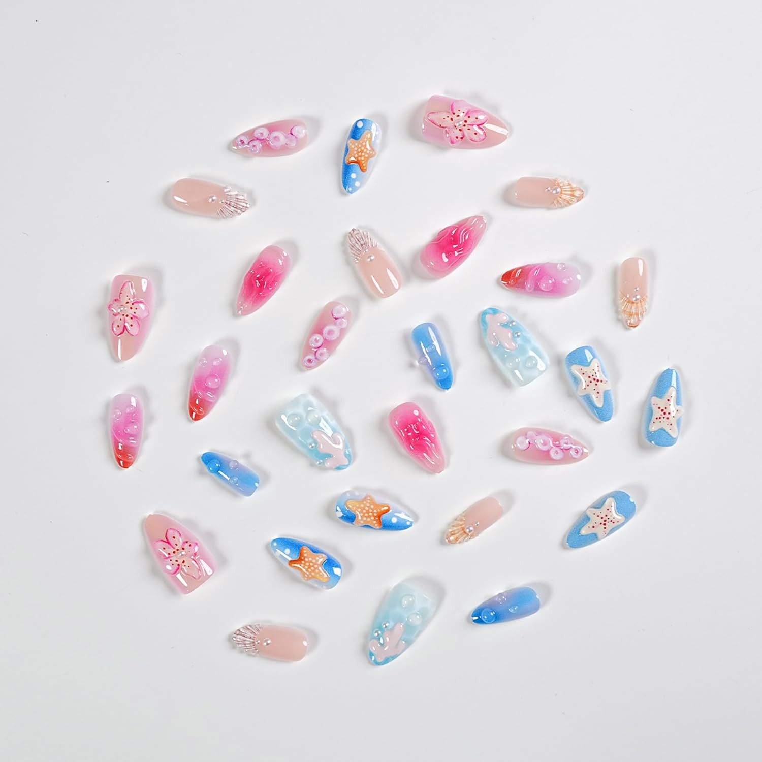 30Pcs Summer Press on Nails Medium Almond Fake Nails with 3D Floral Jellyfish St