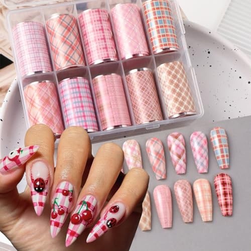 10 Rolls Starry Sky Nail Foil for Nail Art Pink Nail Grid nail decals-9