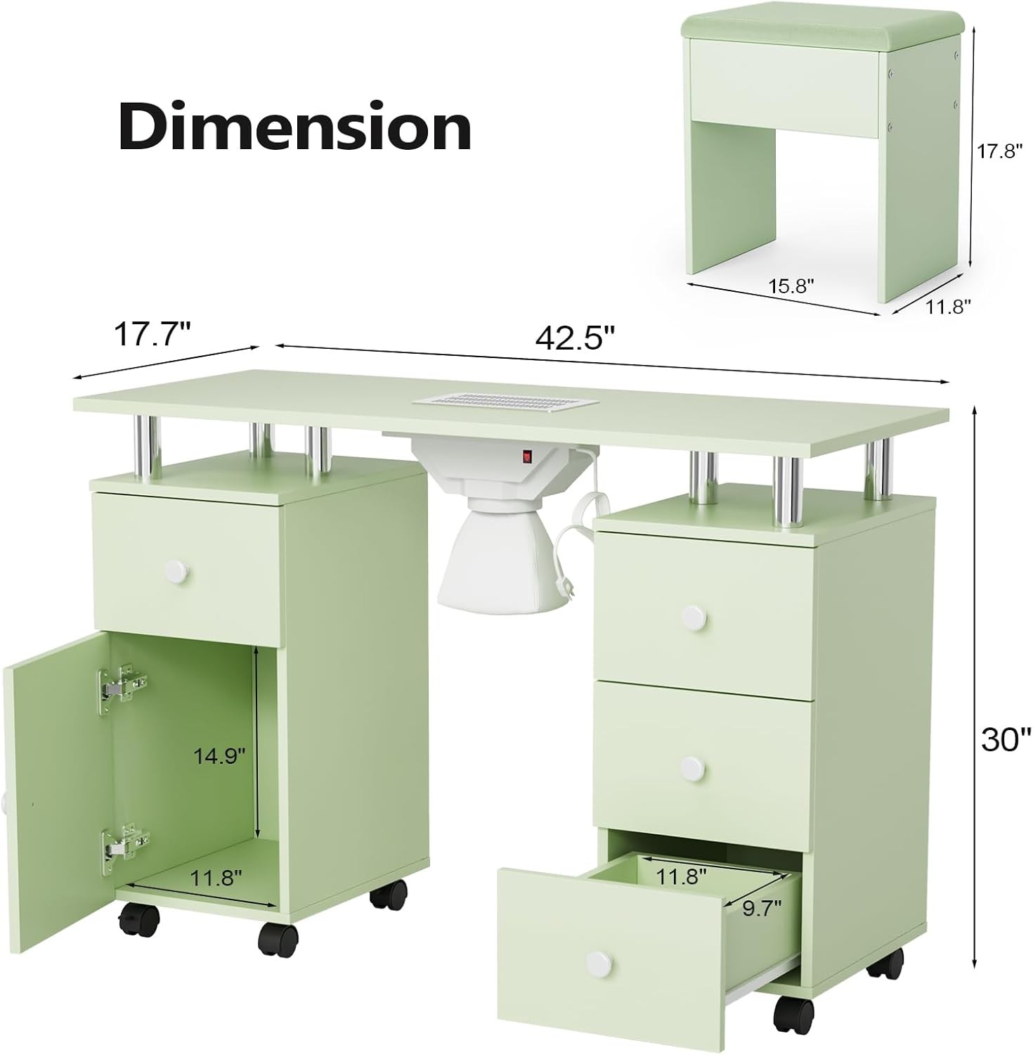 Salon Nail Desk Set with Stool, Drawers, Dust Collector, Smooth Rolling Wheels