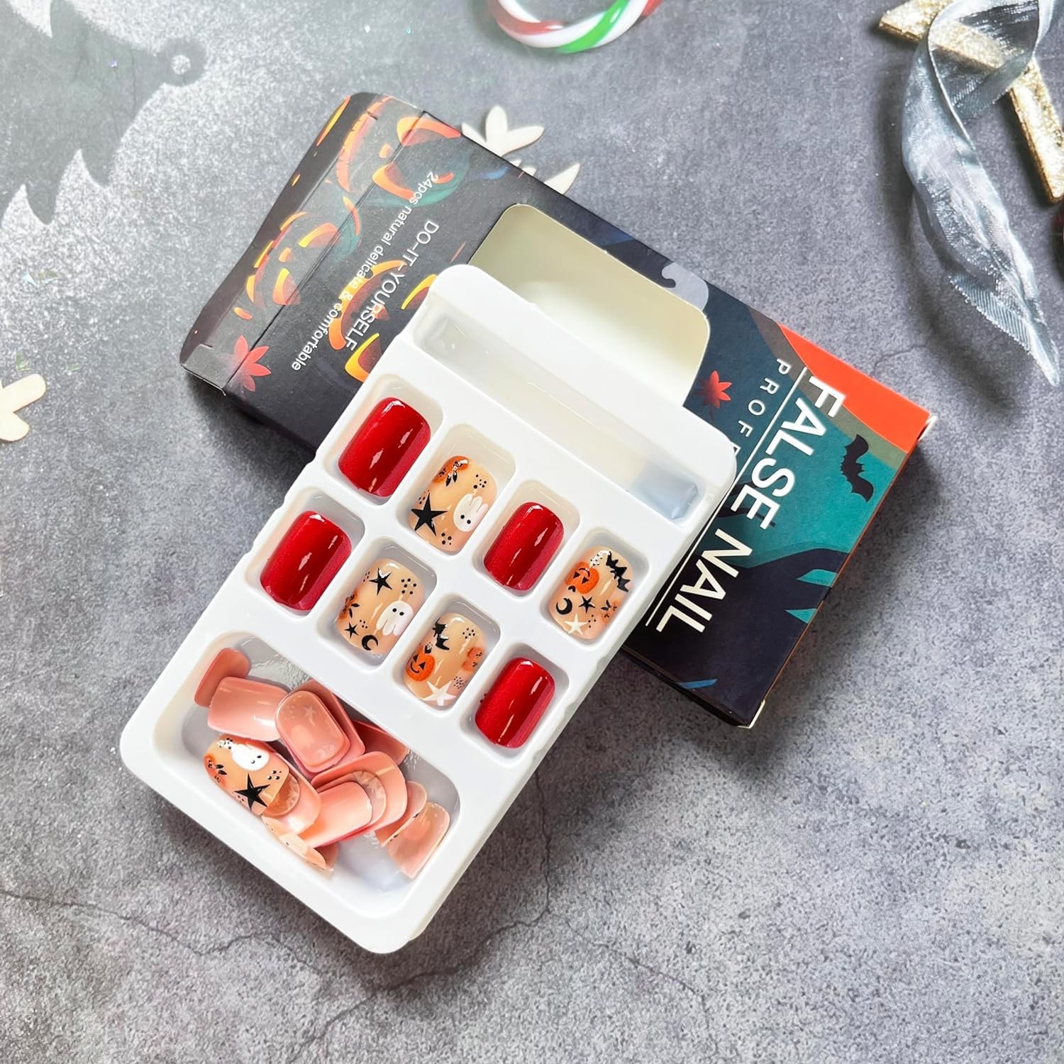 24 Pcs Halloween Press on Nails Short Square – Fake Nails Orange French Cute …