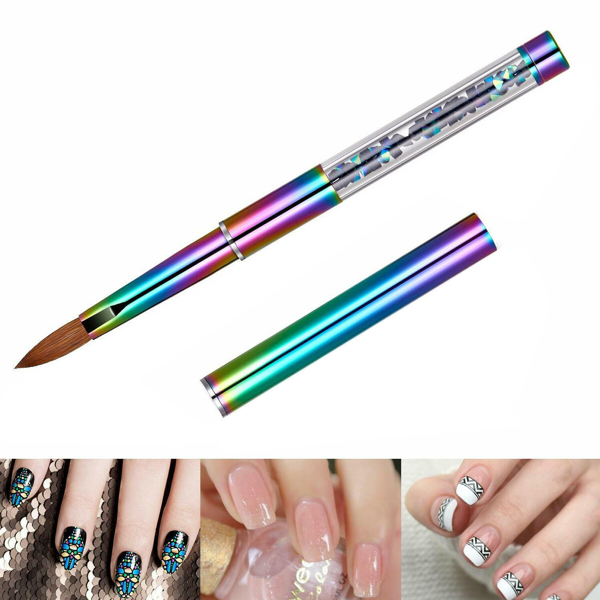 100% Kolinsky Acrylic Nail Brush With Cap Rainbow Crystal Handle 6-14 (CRIMPED)