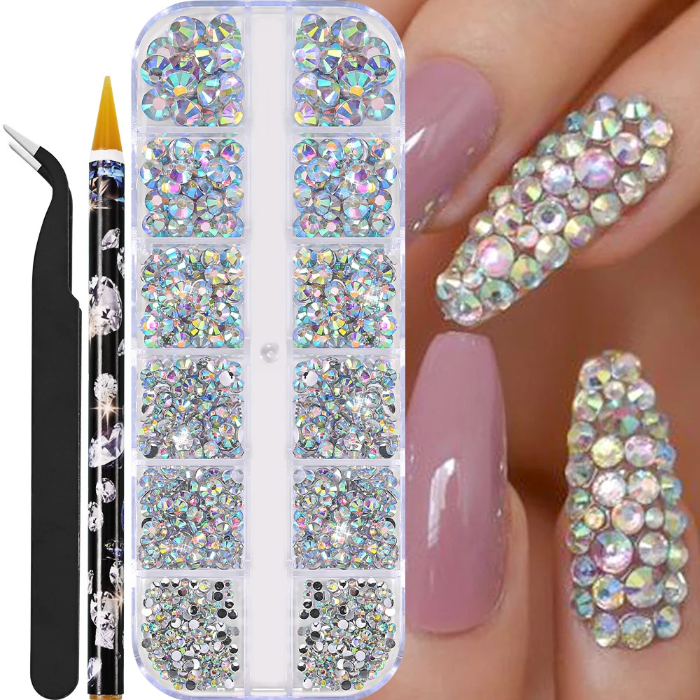 12grids Half Round Pearls Beads 3D Nail Charms 1.5/2/2.5/3/4/5mm White Flatback