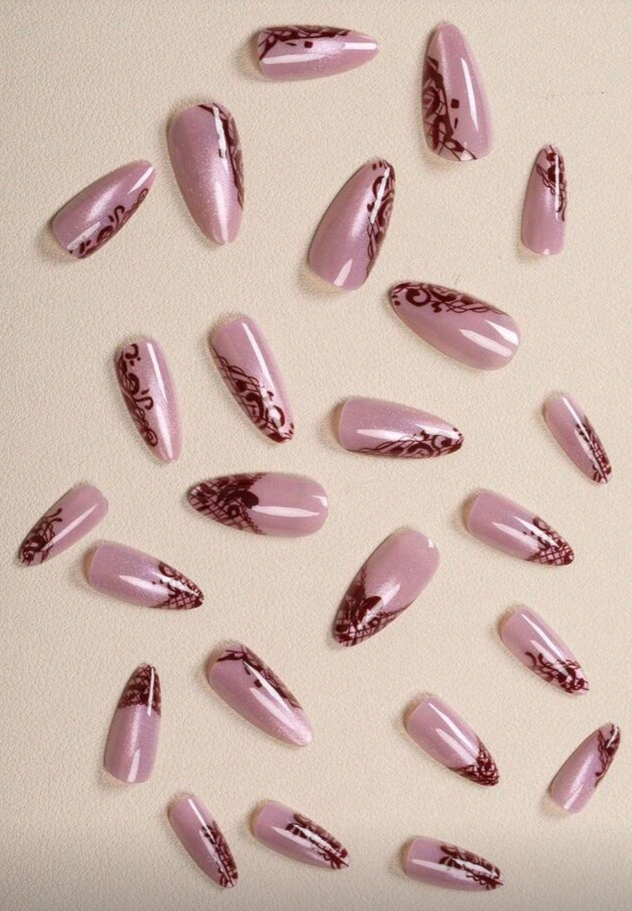 Press-On Nails Pink Glitter w/Burgundy Scrollwork Vintage Vibe Long Almond Shape