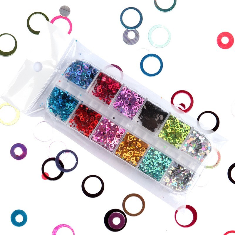 12Grids Colorful Glitter Hollow Circle Design Nail Art Sequins 3D Nails Stickers