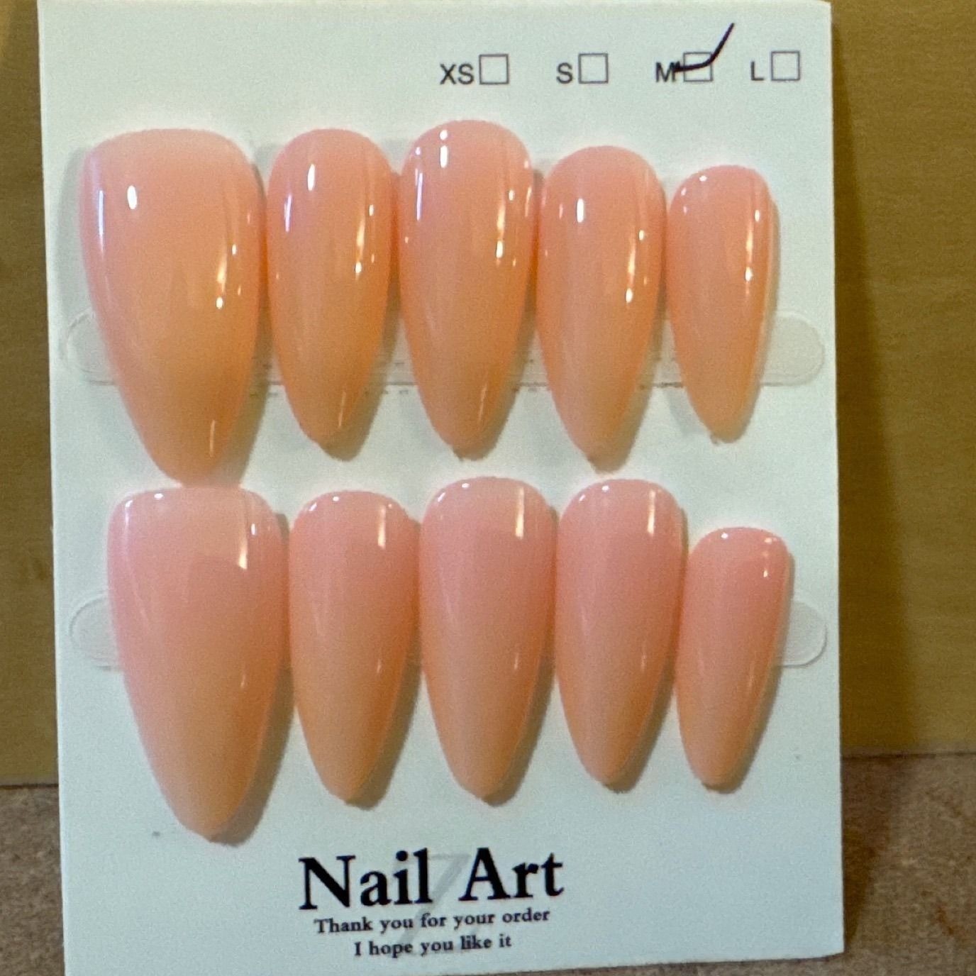 Peach Pink Almond Press On Nails Glossy Medium Size 10 Piece Set Manicure