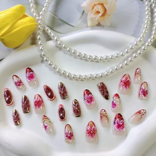 Almond Press on Nails – Medium 3D French Fake Nails – Gold Curve Line