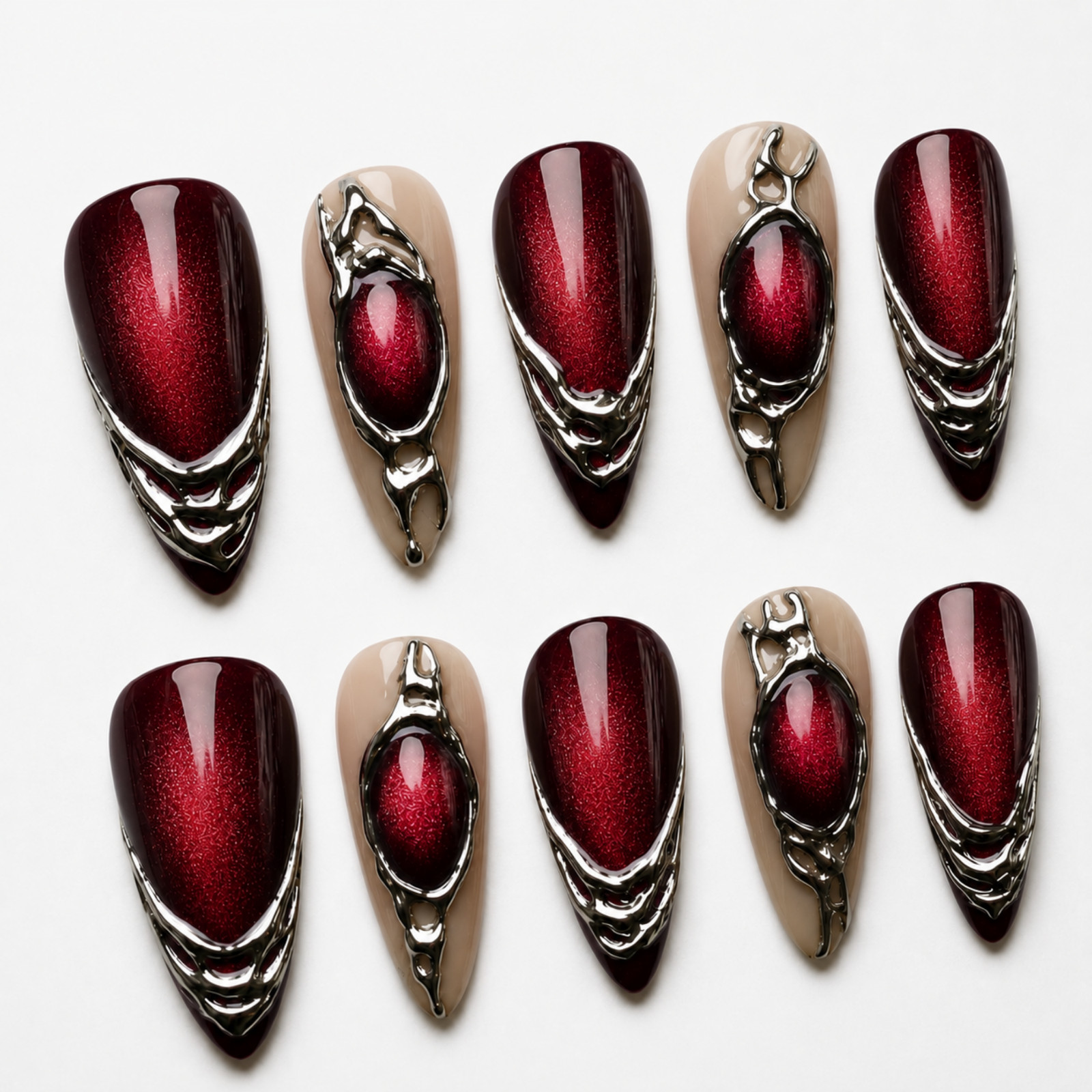 Handmade Red Chrome 3D Press-On Nails Metallic Gothic Nail Set