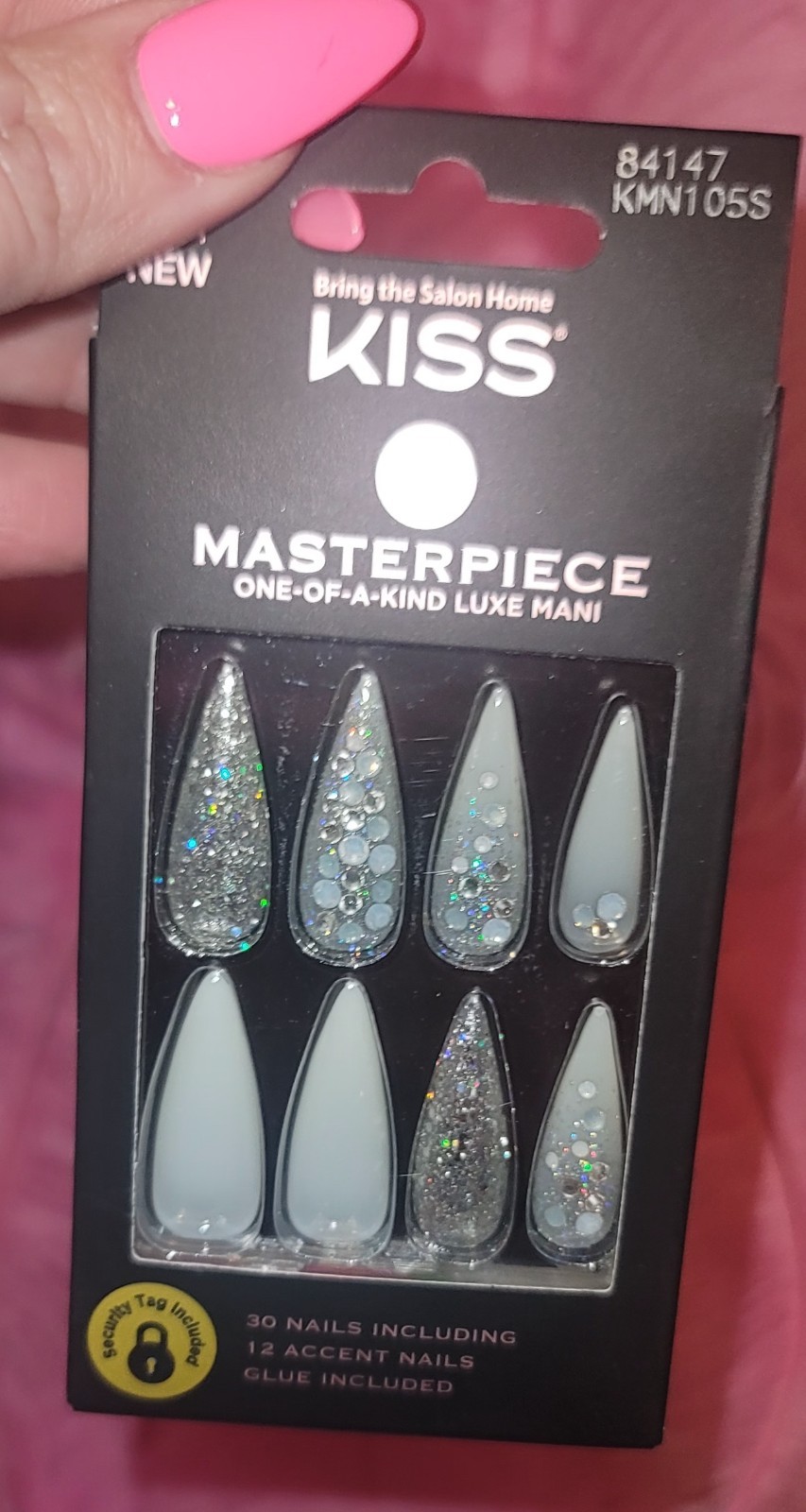 KISS ONE OF A KIND LUXE MANI LARGE PRESS-ON GLUE ON FAKE NAILS SILVER RHINESTONE