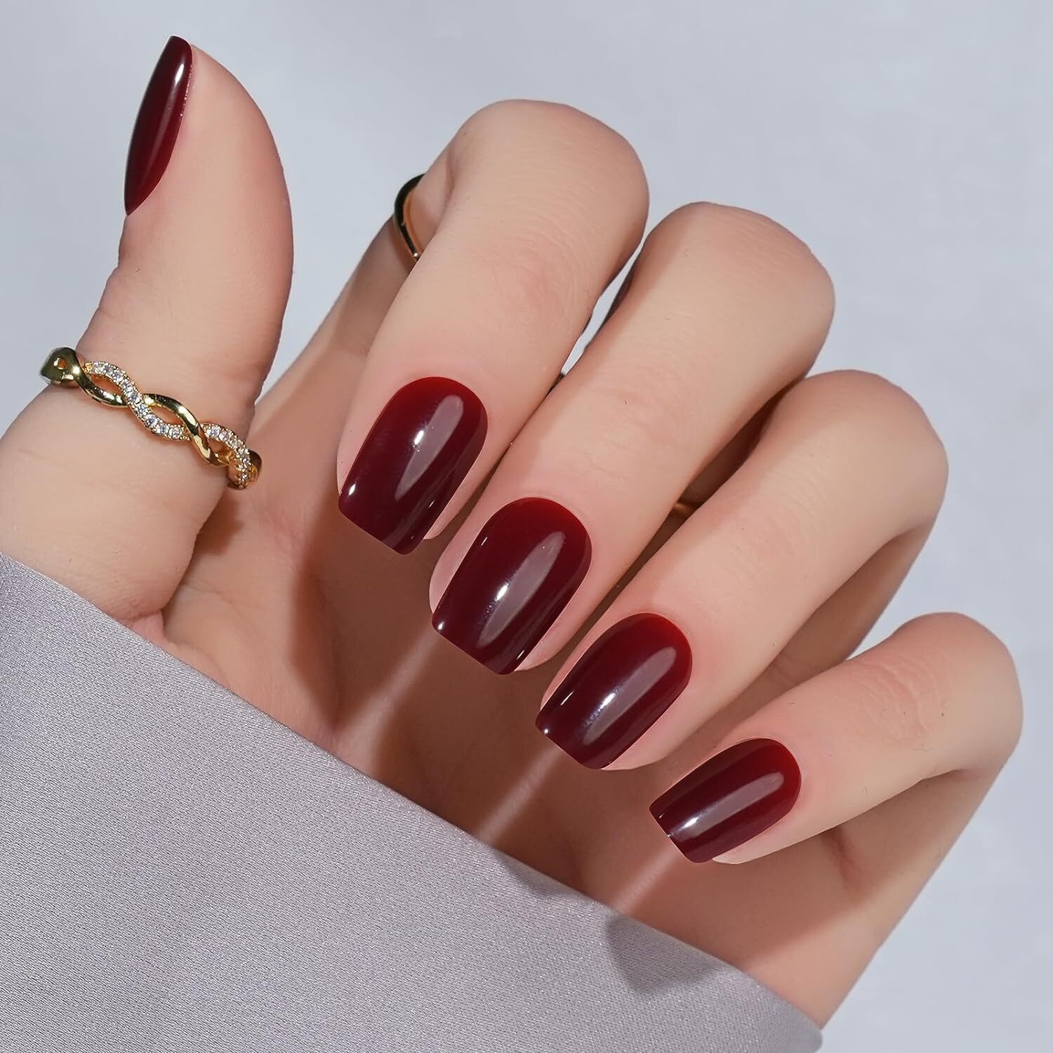 Short Press on Nails Square Wine Red Fake Nails Petite