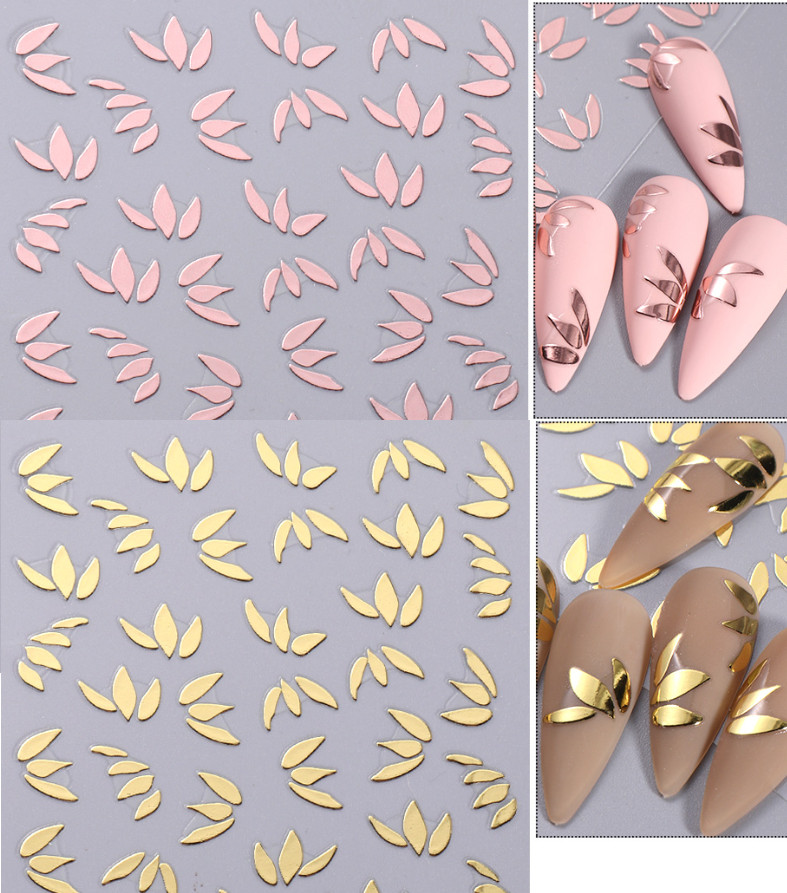 2Pcs 3D Leaf Metallic Ornament Geometric Rose Gold Nail Art Stickers SWT38 NS20