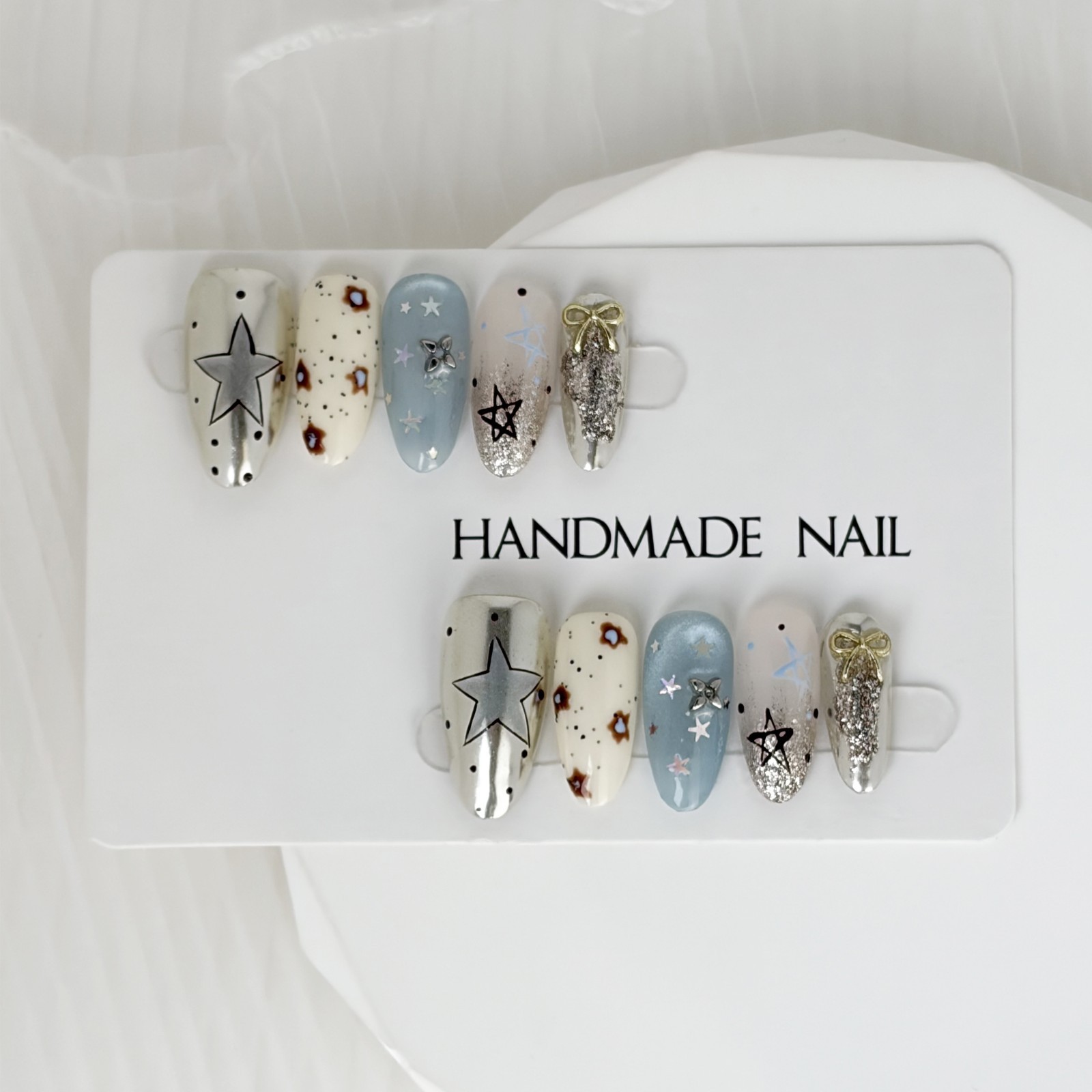 Galaxy Star Glitter Press-On Nails Mismatched Set Handmade Almond Nails Gift