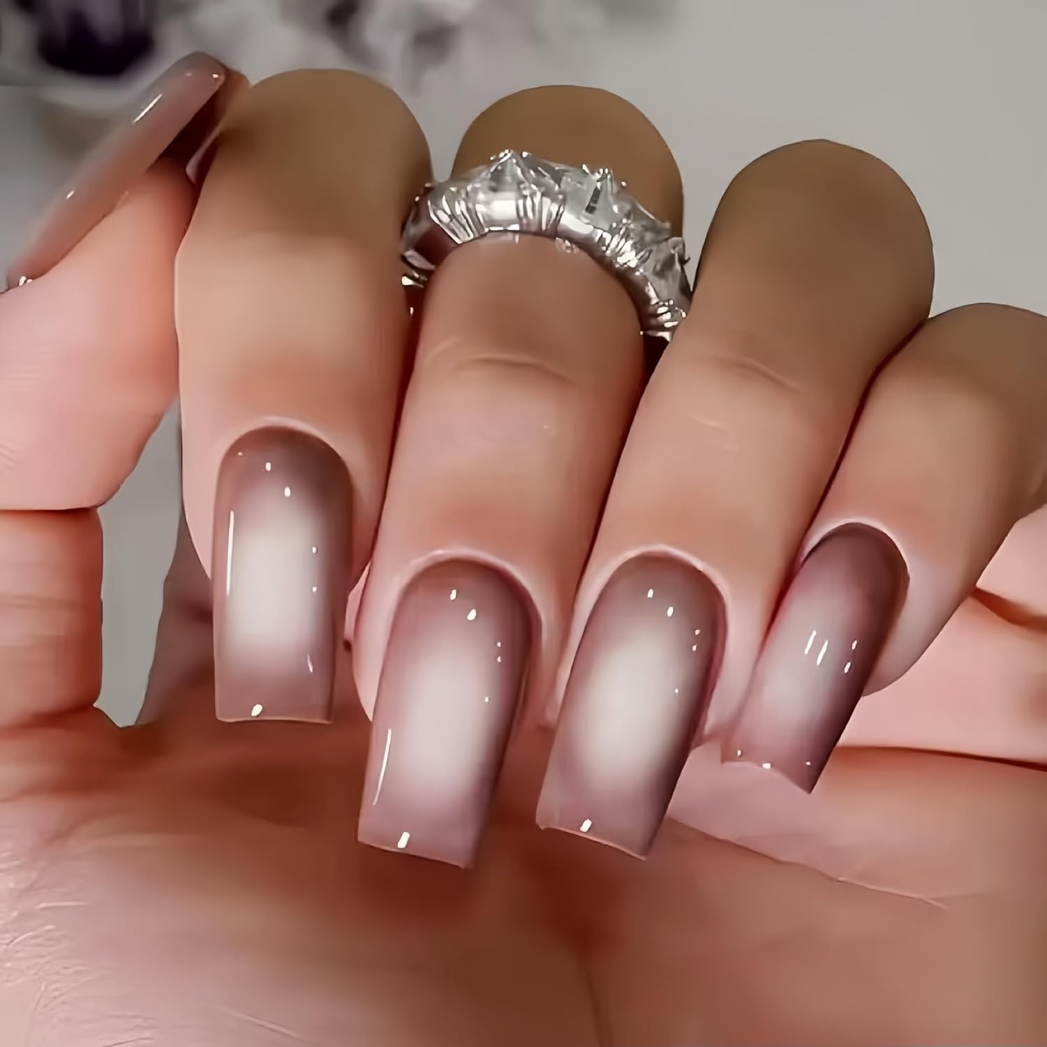Ombre Brown Press on Nails Long Square Shaped Gradient White french brown