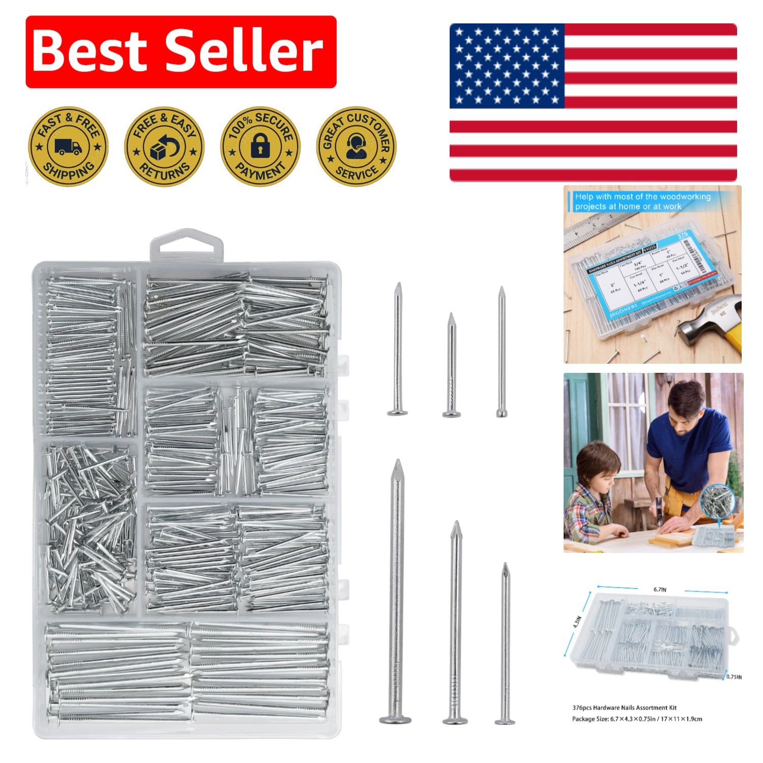 376pcs galvanized Nails in a Storage Box for Woodworking & Crafts