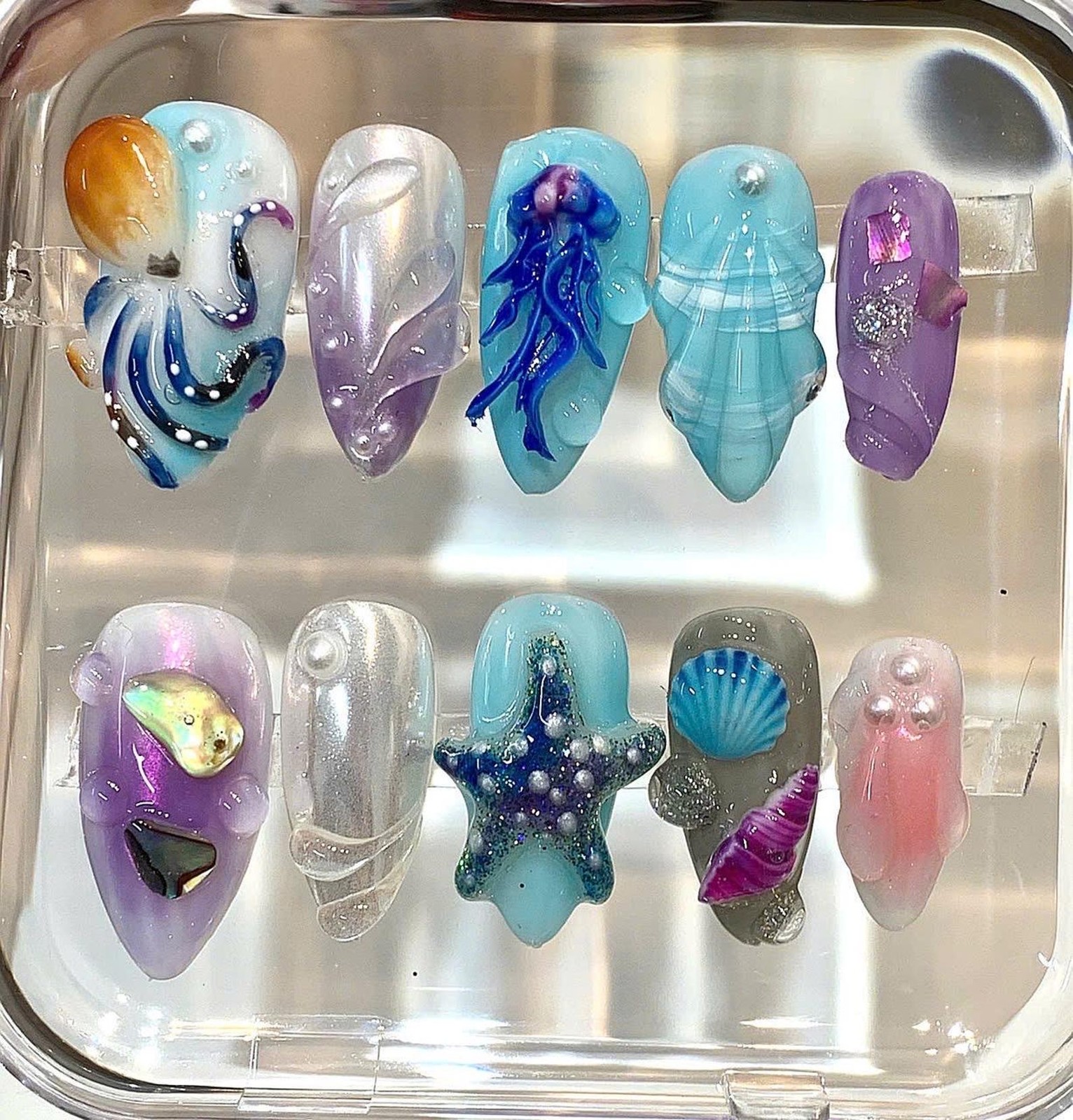 Handmade Purple Ocean Jellyfish Octopus Starfish Shell Almond Press on Nails