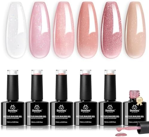 Beetles Builder Gel Set,6 Colors Glitter Shimmer 7 in 1 Nude Pink White Nail Thi