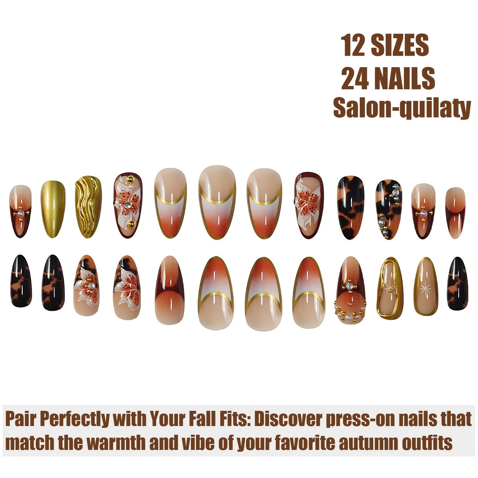 Press On Nails Almond 3D Design Flower Brown Press Ons Nails For
