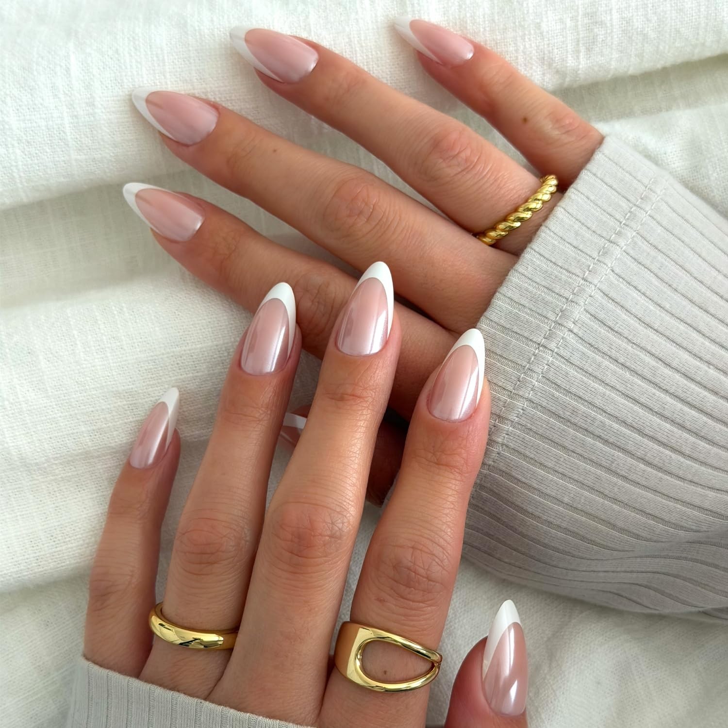 Salon Quality French Tip Press-On Nails – 30 Count Mother Pearl Almond Style