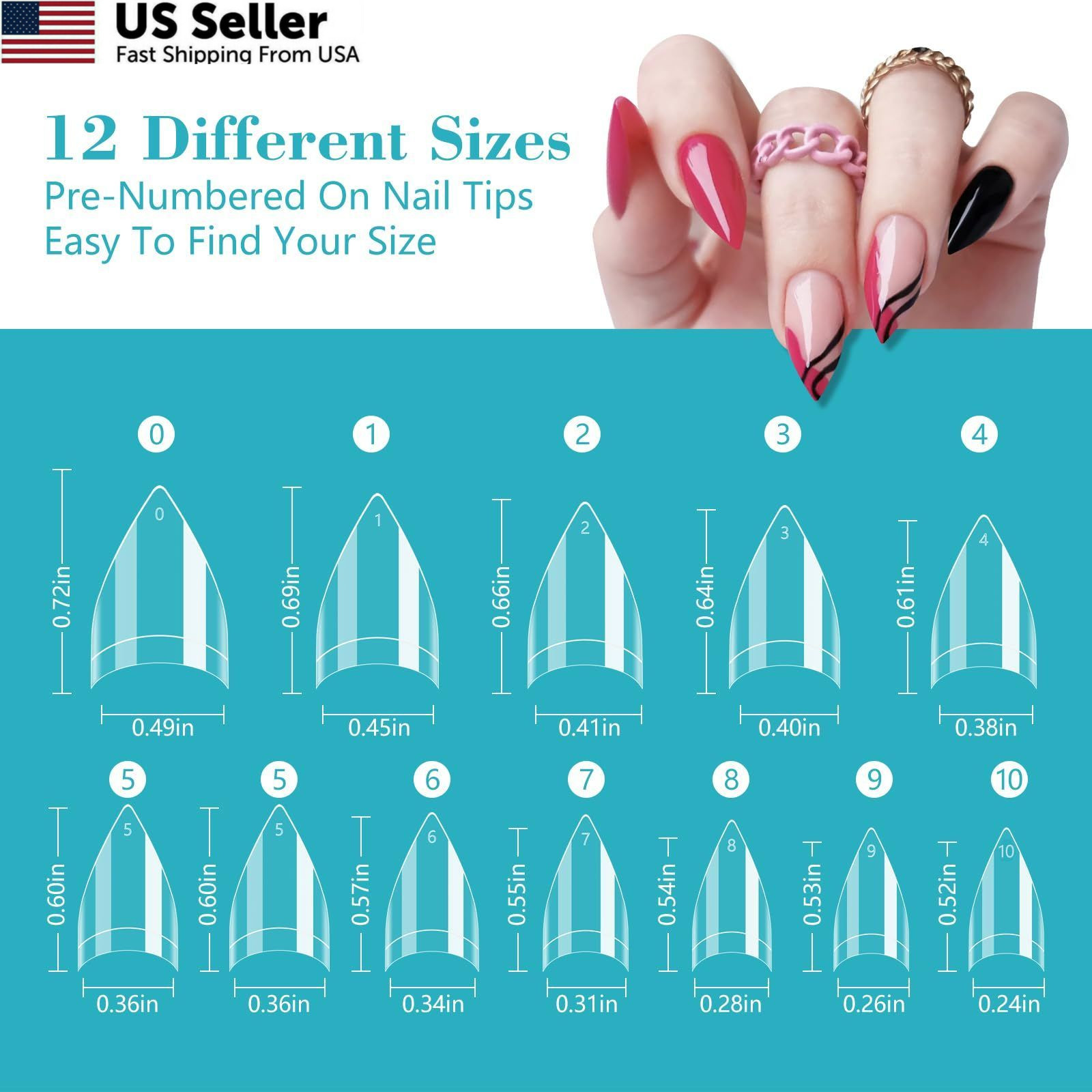 Clear Short Stiletto Nail Tips, 600PCS Half Cover 500 Piece Assortment,