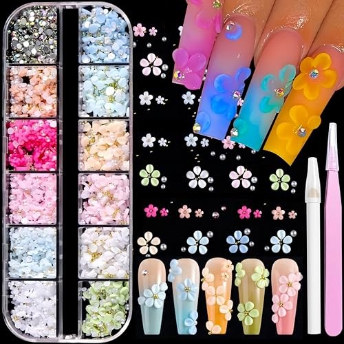 12 Grids Flower Nail Charms 3D Acrylic Flowers Petal Nail Rhinestones Colorful