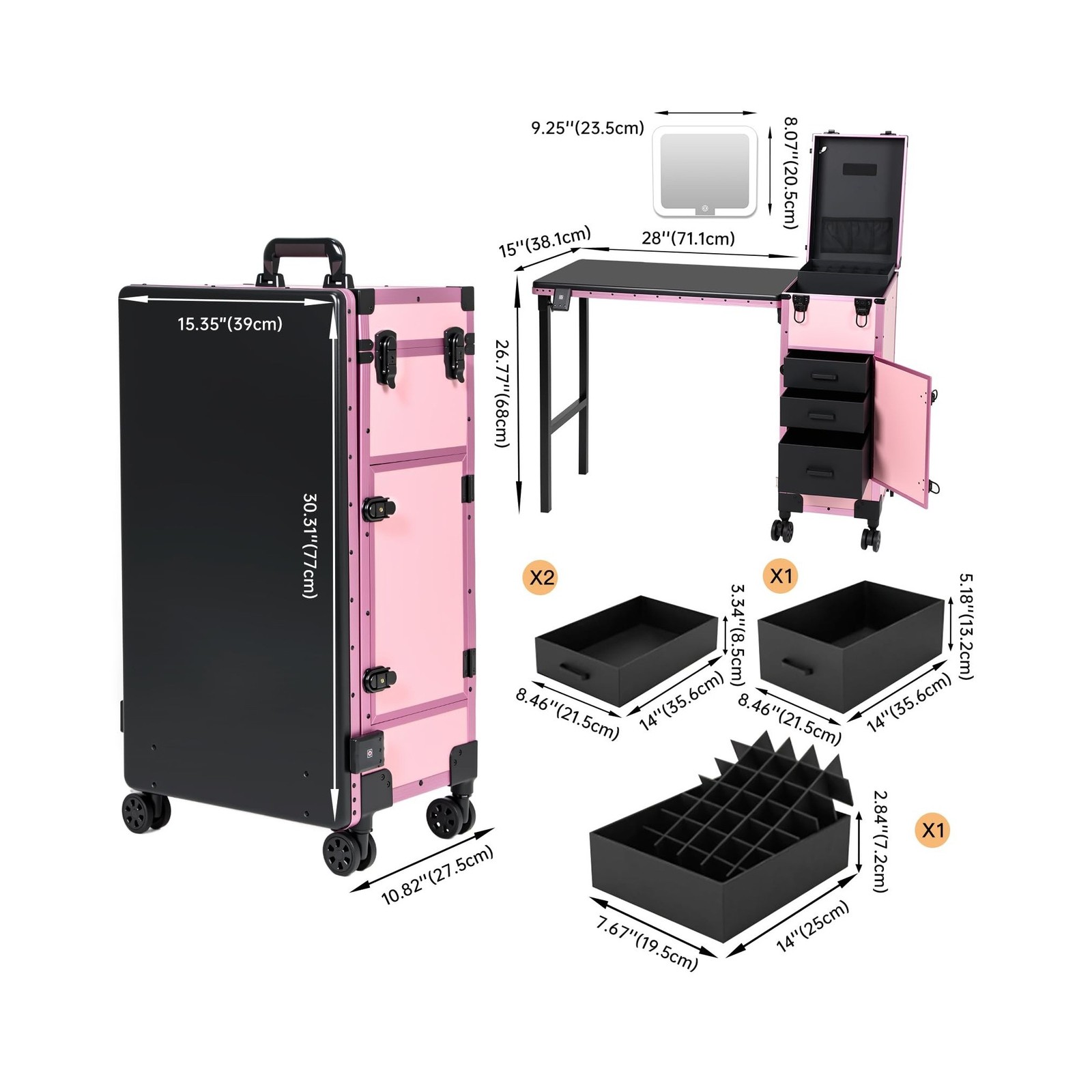Rolling Portable Manicure Table with 3 Drawers, Lockable Makeup Train Case wi…