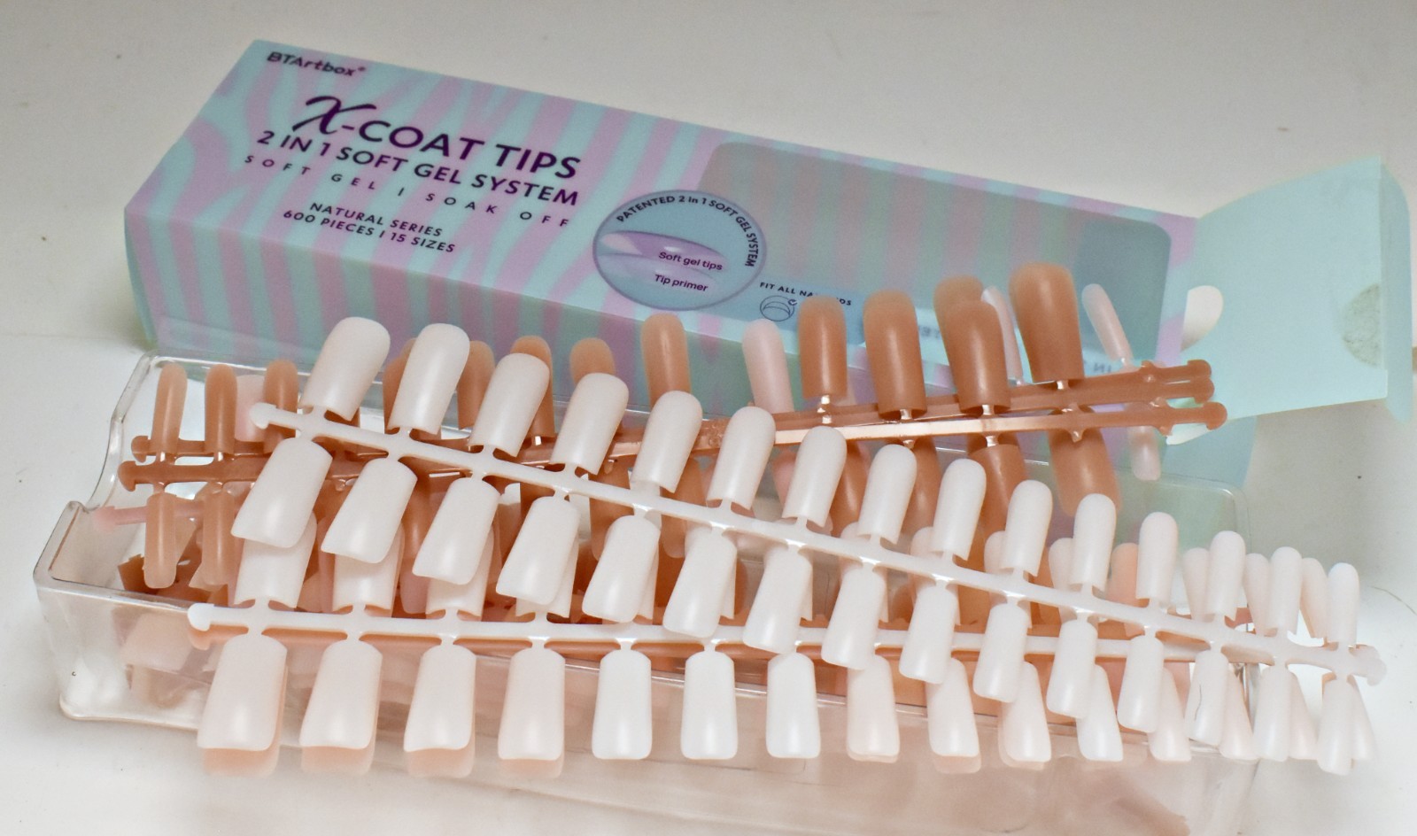 BTArtbox X-Coat Tips 2-in-1 Soft Gel System Natural Series 600 PCS 15 Sizes Nail