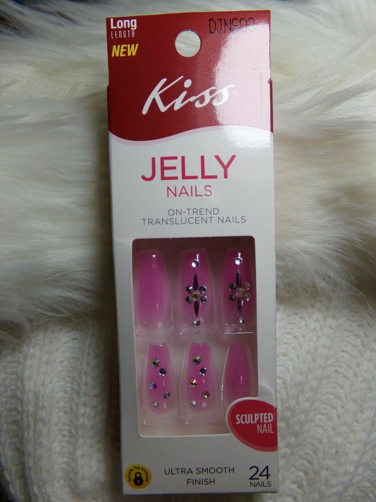KISS JEWEL JELLY NAILS GLUE ON Pink LONG LENGTH, COFFIN BALLERINA