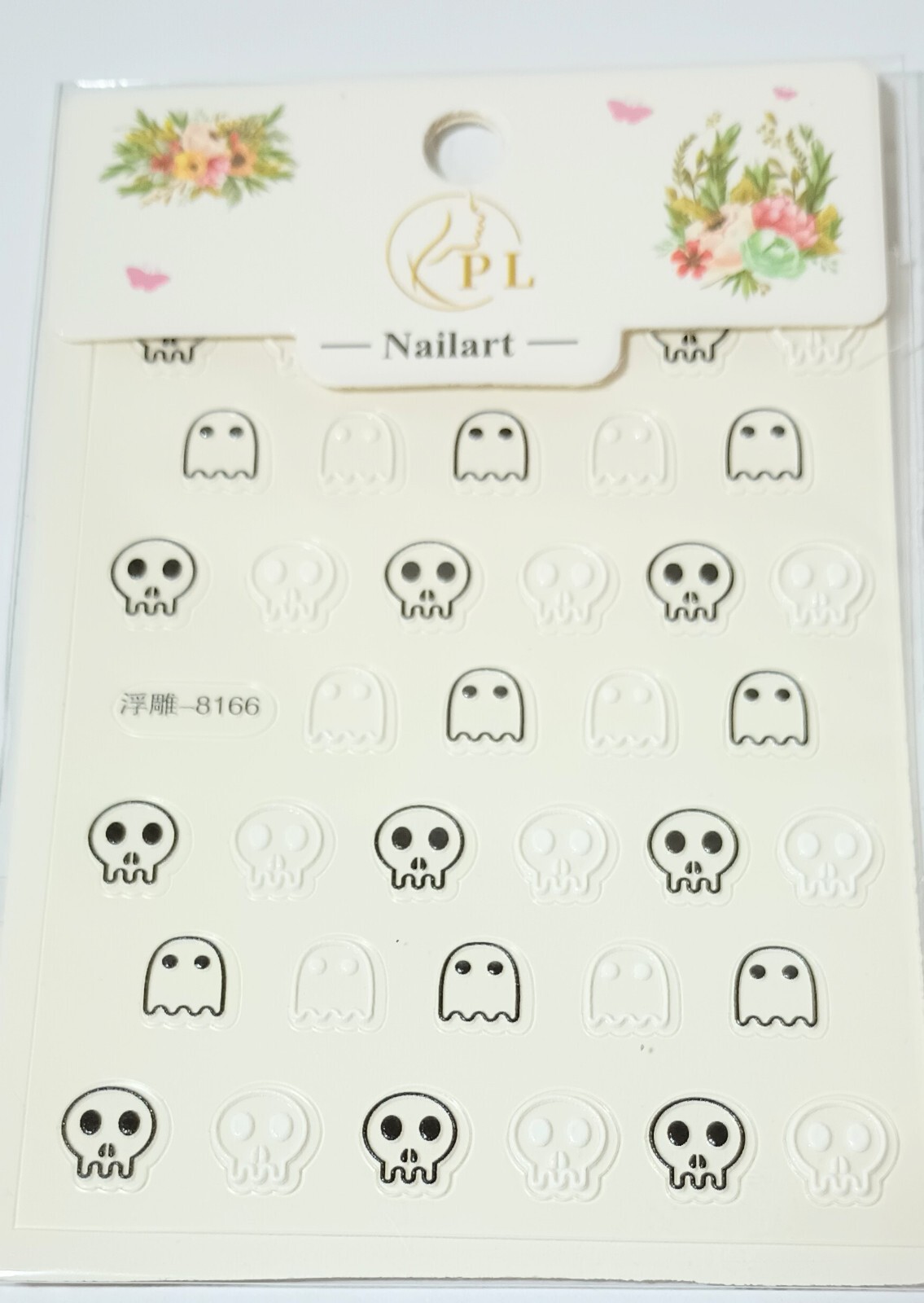 5D Embossed nail Art Stickers Decals Halloween Skull Bones Ghost Black & White